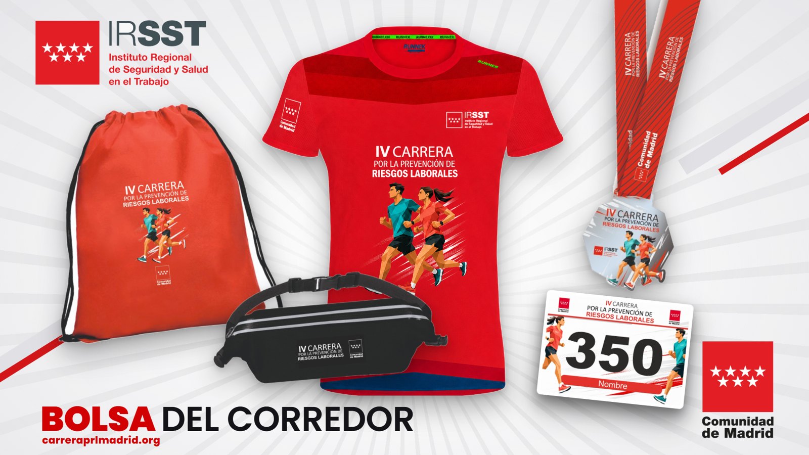 Bolsa del corredor de la IV Carrera: mochila roja de cuerdas, camiseta técnica roja, dorsal, riñonera portadorsal negra y medalla finisher con cinta roja, sobre fondo claro con el rótulo Bolsa del corredor
