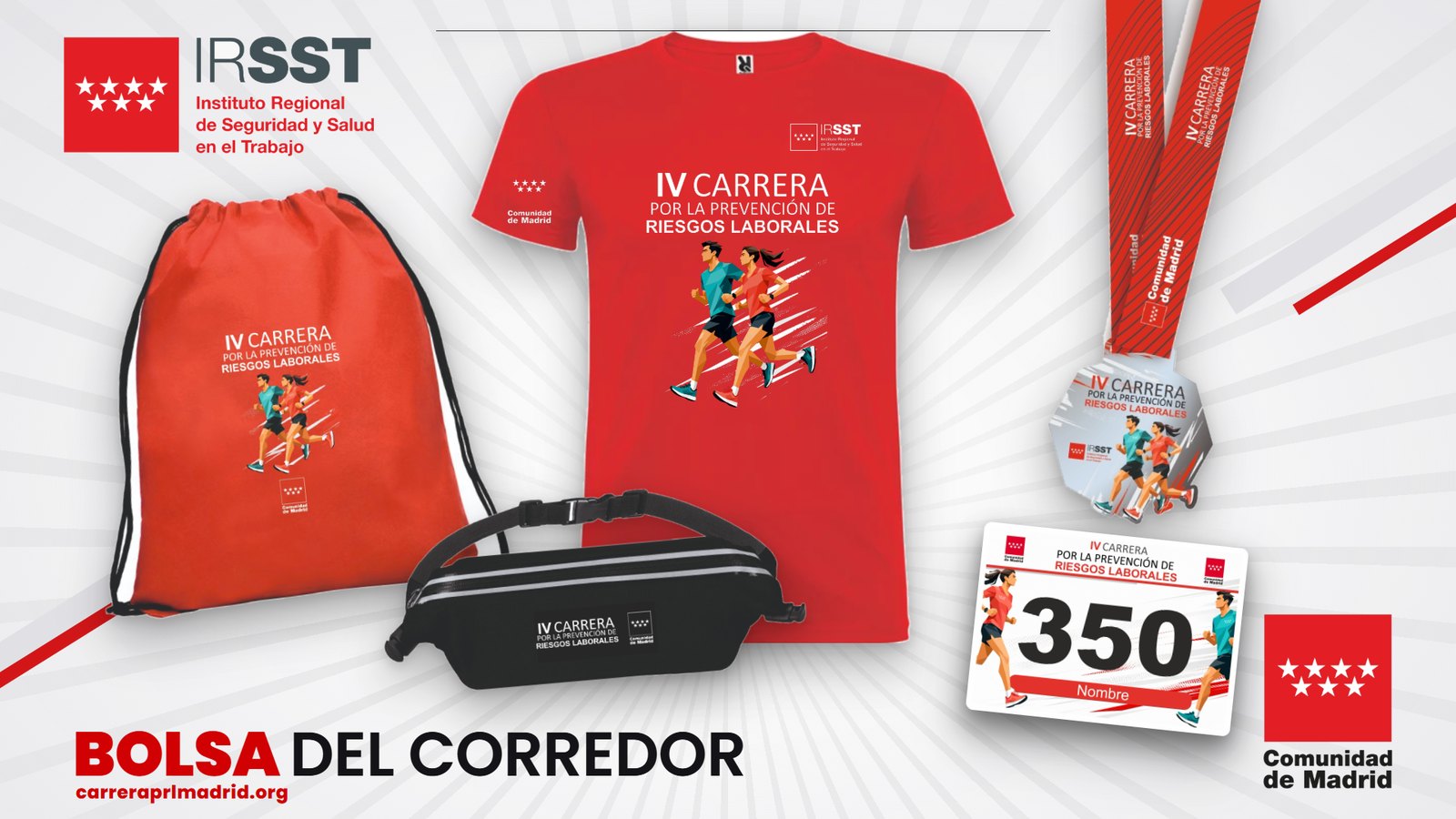 Bolsa del corredor de la IV Carrera: mochila roja de cuerdas, camiseta técnica roja, dorsal, riñonera portadorsal negra y medalla finisher con cinta roja, sobre fondo claro con el rótulo Bolsa del corredor