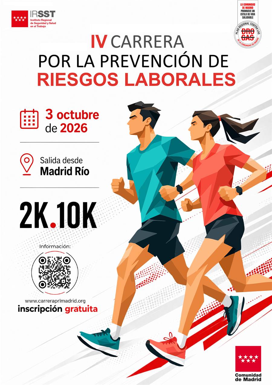 Cartel oficial de la IV Carrera por la Prevención de Riesgos Laborales: 3 de octubre de 2026, salida desde Madrid Río, distancias 2K y 10K, inscripción gratuita